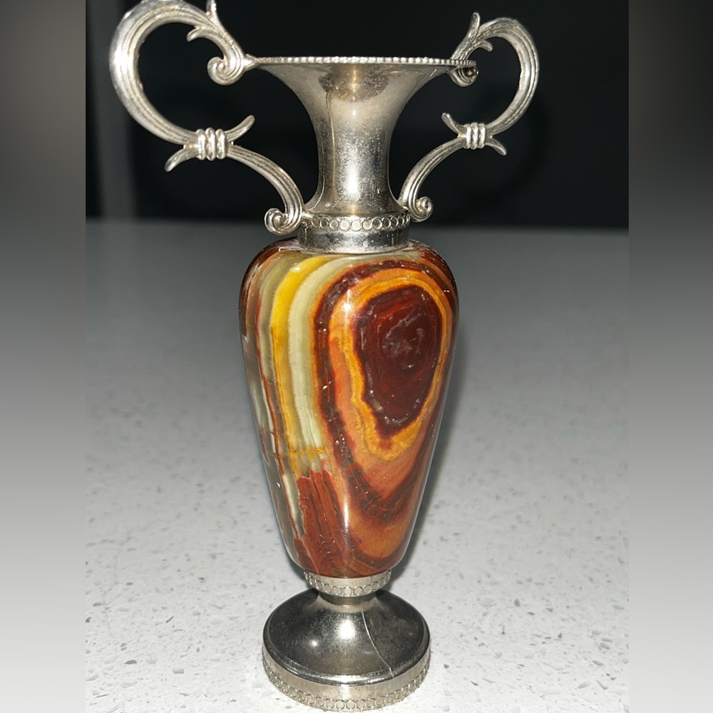 Vintage Italian VERO ONIX Real Onyx Vase w/ Ornate Scroll Handles MCM Decor - Picture 3 of 10